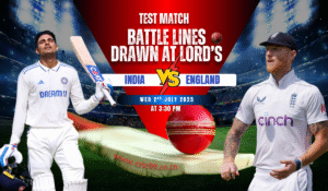 Indian and English cricket players face off with a red cricket ball and bat at Lord’s Stadium, promoting the 2nd Test match between India and England on July 2nd, 2025.