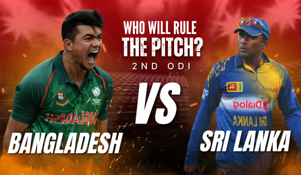 Bangladesh vs Sri Lanka 2nd ODI cricket match promotional poster – Who will rule the pitch?