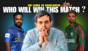 Sri Lanka vs Bangladesh 1st T20I: Two cricket players facing off with a man thinking in the center, text reads 'Who will win this match?