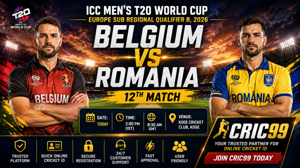 Belgium vs Romania 12th Match Today – ICC Men's T20 World Cup Europe Sub Regional Qualifier B 2026 | Online Cricket ID by CRIC99