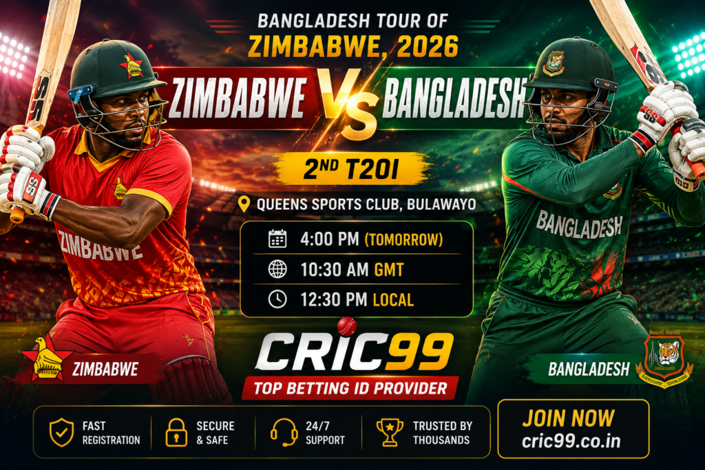 Zimbabwe vs Bangladesh 2nd T20I match poster at Queens Sports Club, Bulawayo by CRIC99, a trusted top betting ID provider.