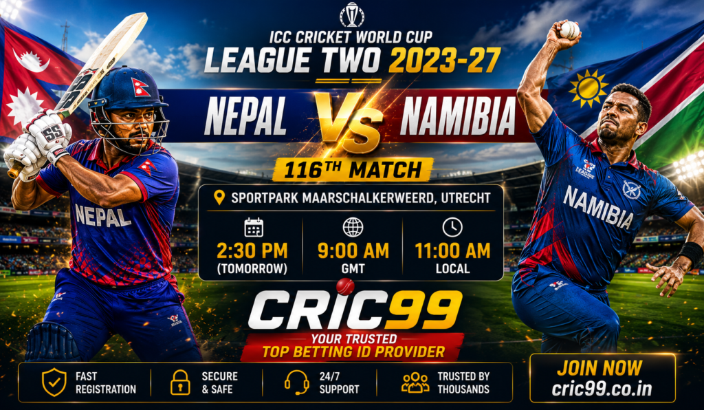 Nepal vs Namibia 116th Match at Sportpark Maarschalkerweerd, Utrecht in the ICC Cricket World Cup League Two 2023–26by CRIC99, a trusted top betting ID provider.