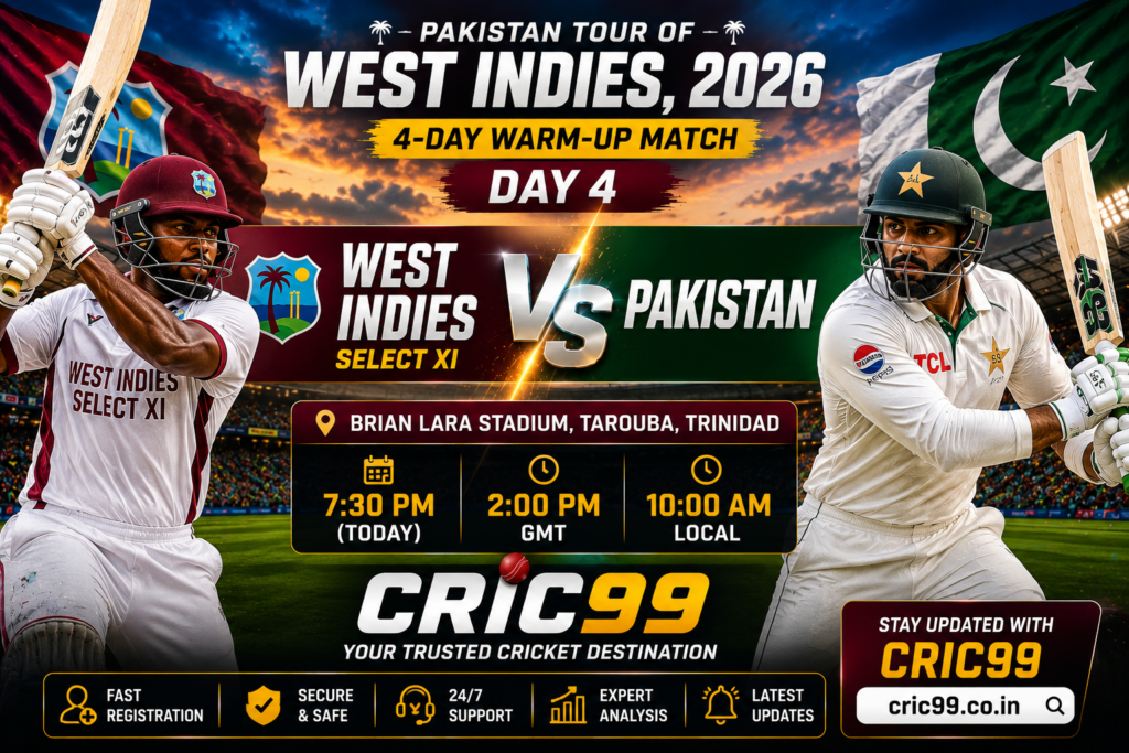 West Indies Select XI vs Pakistan 4-Day Warm-up Match Day 4 at Brian Lara Stadium, Tarouba, Trinidad featured by CRIC99 with match preview, pitch report, and expert cricket analysis.