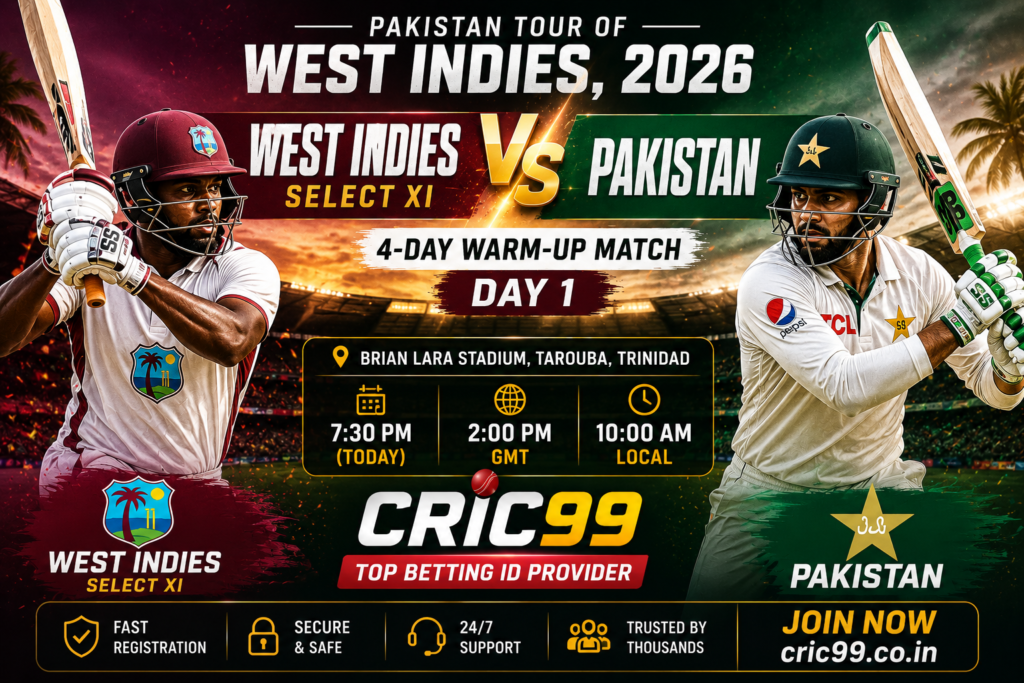 West Indies Select XI vs Pakistan 4-Day Warm-up Match Day 1 at Brian Lara Stadium, Tarouba, Trinidad by CRIC99, a trusted top betting ID provider.