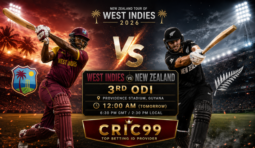 West Indies vs New Zealand 3rd ODI 2026 promotional poster featuring a West Indies batsman and a New Zealand cricketer facing off under floodlights at Providence Stadium, Guyana, with match timing, a glowing VS graphic, and CRIC99 branding.