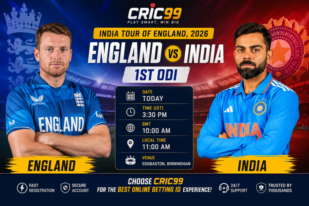 Read the England vs India 1st ODI match preview, pitch report, and prediction. Join CRIC99 for the best online betting ID experience.